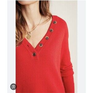 Anthropologie Serena V-Neck Sweater Size XS Rhubarb Red Button Pullover Knit